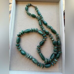 Vintage Aventurine Gemstone and Gold Filled Beads 70s Beaded Necklace 30”